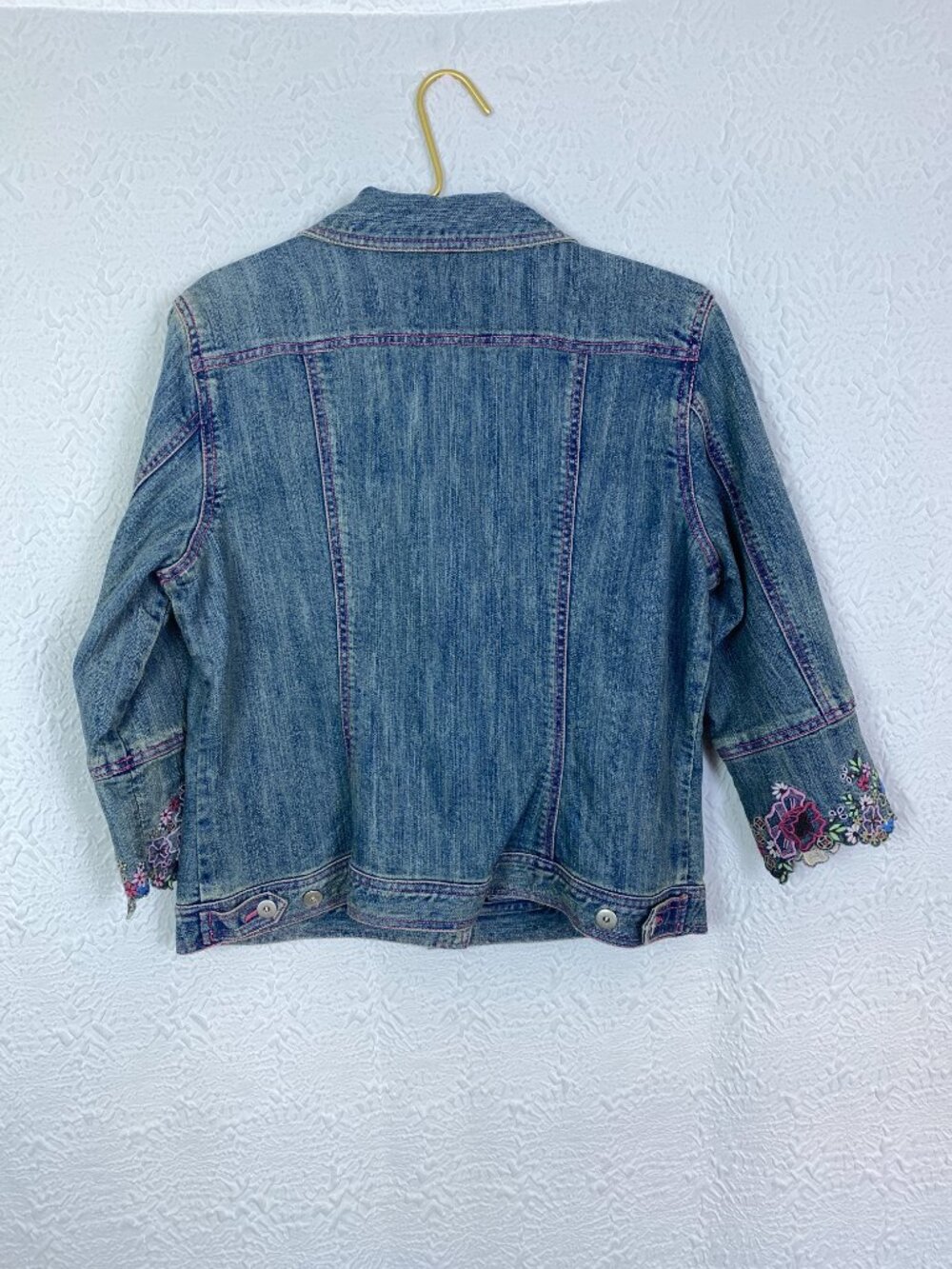 Sigrid Olsen Embroidered Denim Jacket Floral Cuff 3/4 Sleeve Stretch Jean Jacket - Picture 3 of 7